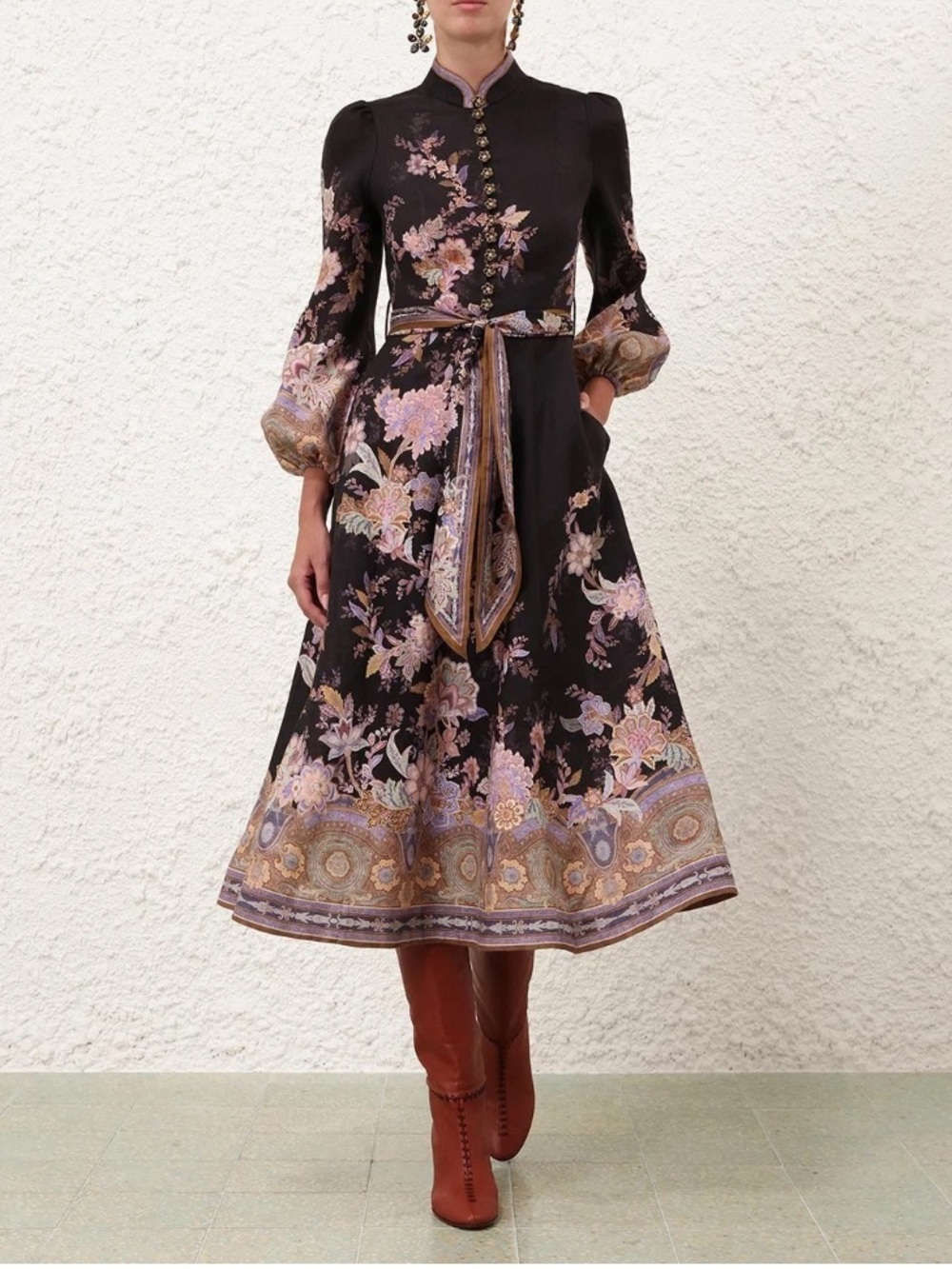 Zimmermann Black Midi Dress with Pink Floral and Gold Border size 10.